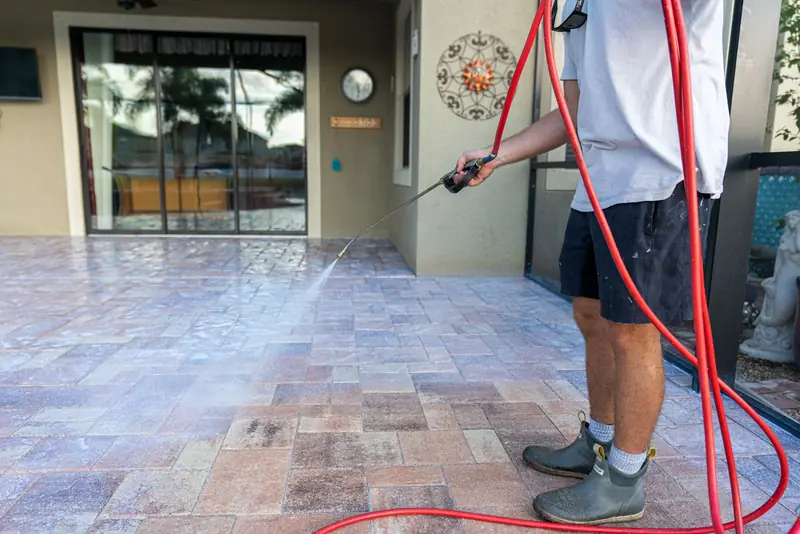 A crew member spraying sealer on a pool deck under a screen enclosure